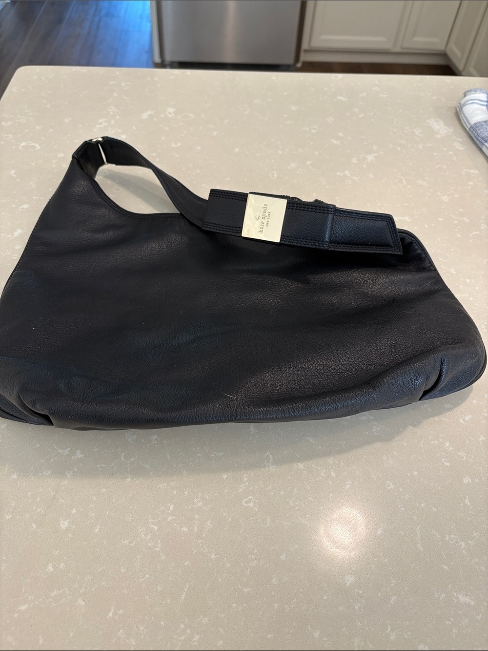 kate spade Black Pebbled Leather Shoulder Hobo with Logo Plaque